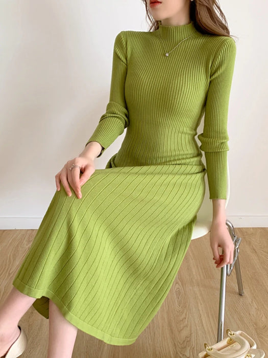 Fall Winter Slim Long Sleeve Party Midi Dress for Women Knitted Half High Collar Elegant Knitted Sweater Dresses