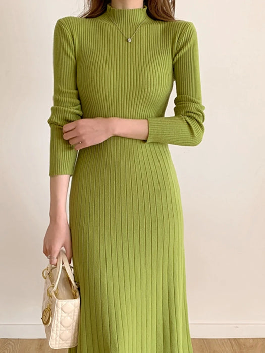 Fall Winter Slim Long Sleeve Party Midi Dress for Women Knitted Half High Collar Elegant Knitted Sweater Dresses