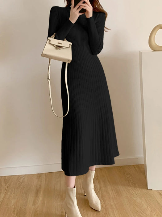 Fall Winter Slim Long Sleeve Party Midi Dress for Women Knitted Half High Collar Elegant Knitted Sweater Dresses