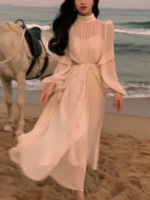 Beach Style Chiffon Mini Dress Office Lady Casual Long Sleeve Elegant One Piece Dress Fashion Clothing Summer