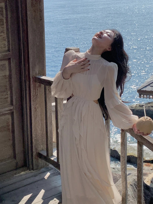 Beach Style Chiffon Mini Dress Office Lady Casual Long Sleeve Elegant One Piece Dress Fashion Clothing Summer