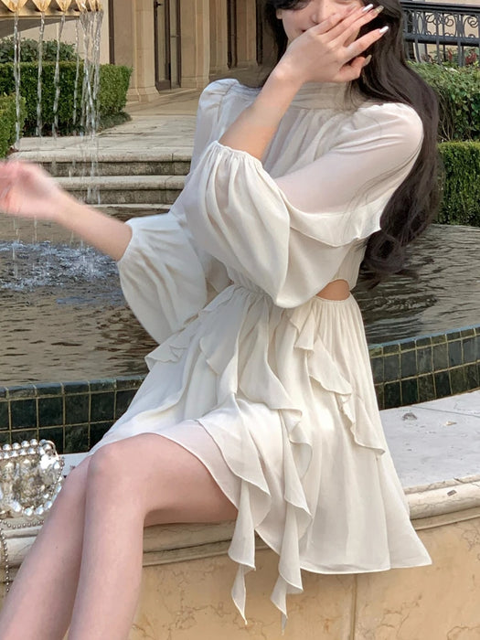 Beach Style Chiffon Mini Dress Office Lady Casual Long Sleeve Elegant One Piece Dress Fashion Clothing Summer