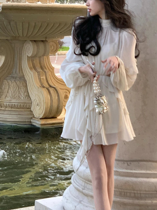 Beach Style Chiffon Mini Dress Office Lady Casual Long Sleeve Elegant One Piece Dress Fashion Clothing Summer