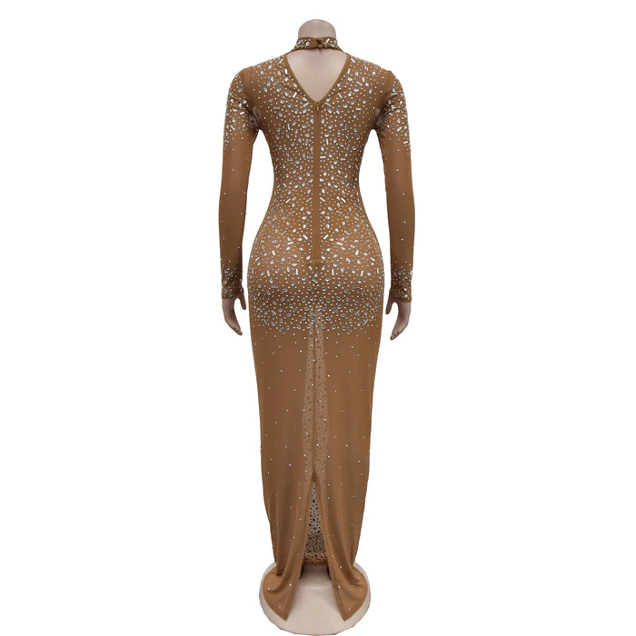 Women Long Sleeve Mesh Diamonds Hot Rhinestones Bodycon Midi Dress Women’s Maxi Long Evening Birthday Dresses