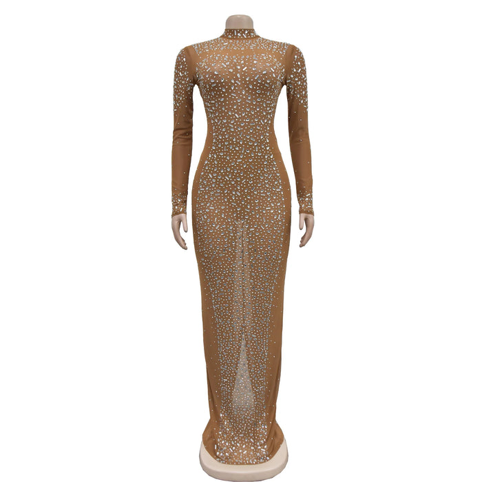 Women Long Sleeve Mesh Diamonds Hot Rhinestones Bodycon Midi Dress Women’s Maxi Long Evening Birthday Dresses