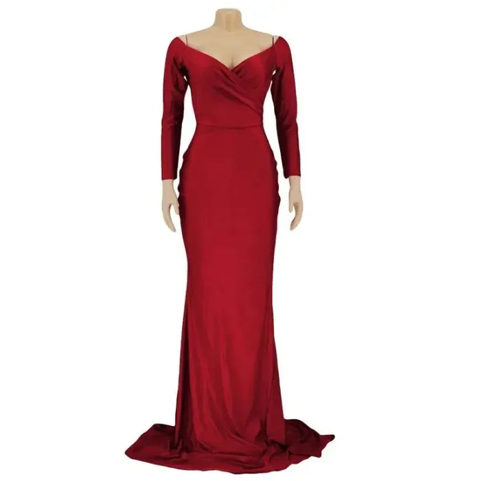 Fall Winter Women Off Shoulder Plunging V-neck High Side Split Mermaid Maxi Dress Sexy Night Party Club Long Dresses