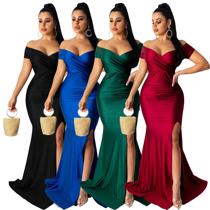 Fall Winter Women Off Shoulder Plunging V-neck High Side Split Mermaid Maxi Dress Sexy Night Party Club Long Dresses