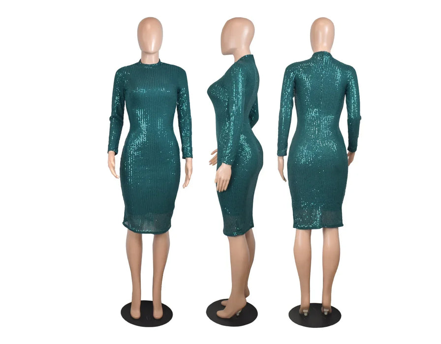 Spring Winter Dress Women Sequined Sexy Full Sleeve Bodycon O-Neck Night Club Party Street Bandage Midi Pencil Dresses