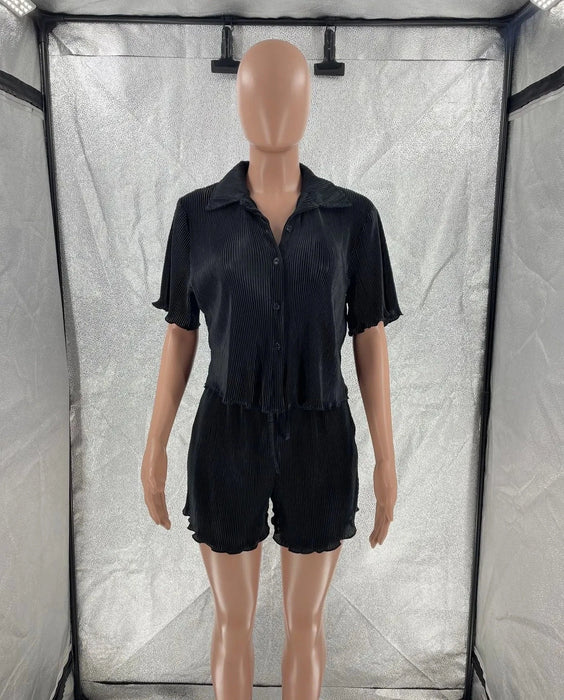 Pleated Women's Set Short Sleeve Shirt Blouse and Shorts Suit Two Piece Set Outfit