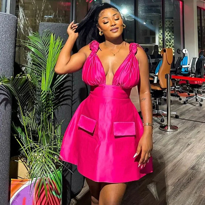 Summer Women Sleeveless Elegant V-Neck High Waist A-Line Dress Bow Strap Backless Night Club Party Dresses