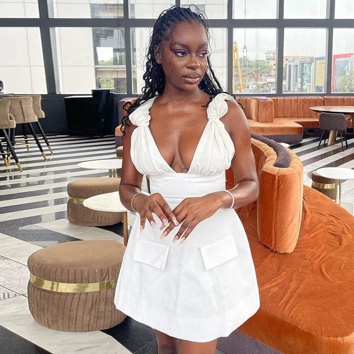 Summer Women Sleeveless Elegant V-Neck High Waist A-Line Dress Bow Strap Backless Night Club Party Dresses