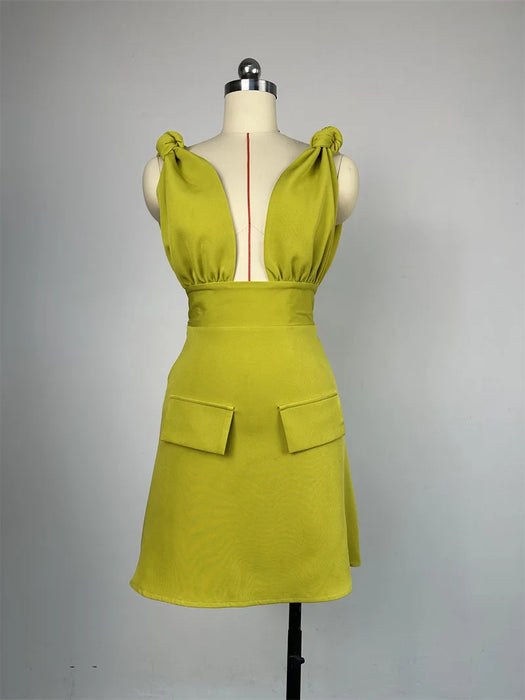 Summer Women Sleeveless Elegant V-Neck High Waist A-Line Dress Bow Strap Backless Night Club Party Dresses