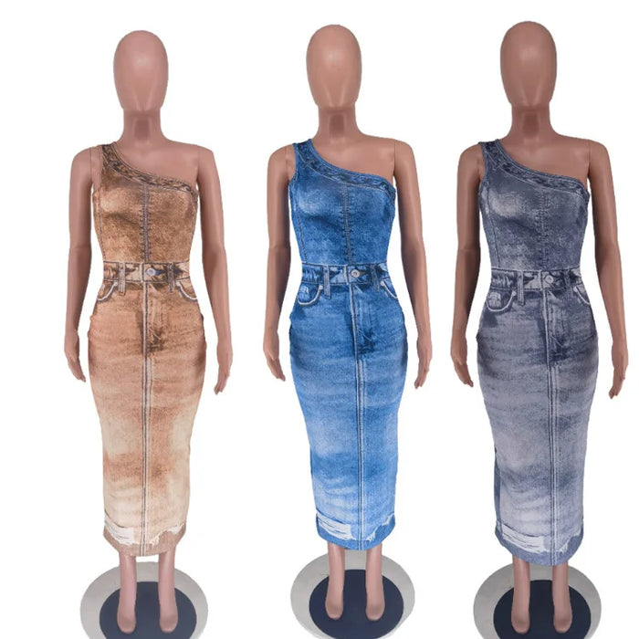 Women Fake Jean 3D Printed One Shoulder Sleeveless Bodycon Midi Maxi Dress Club Sexy Party Long Dresses
