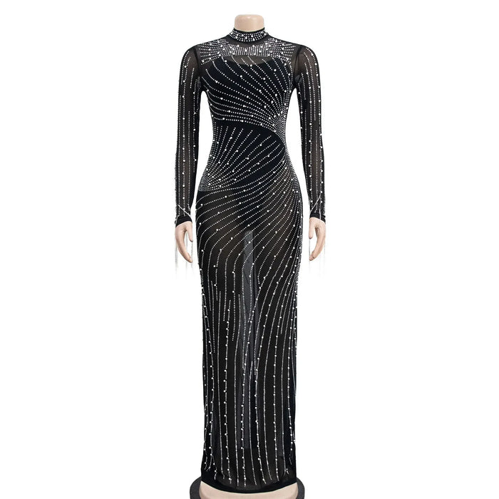 Women Mesh Tassel Long Sleeve Diamonds Hot Rhinestones Bodycon Midi Maxi Long Dress and Tank Inner Dresses 2piece Suit