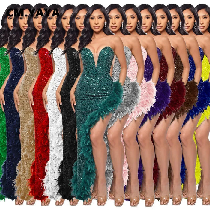 Women Sequined Strapless Feather High Side Split Strapless Bodycon Midi Maxi Dress Sexy Club Evening Party Dresses Night Lady