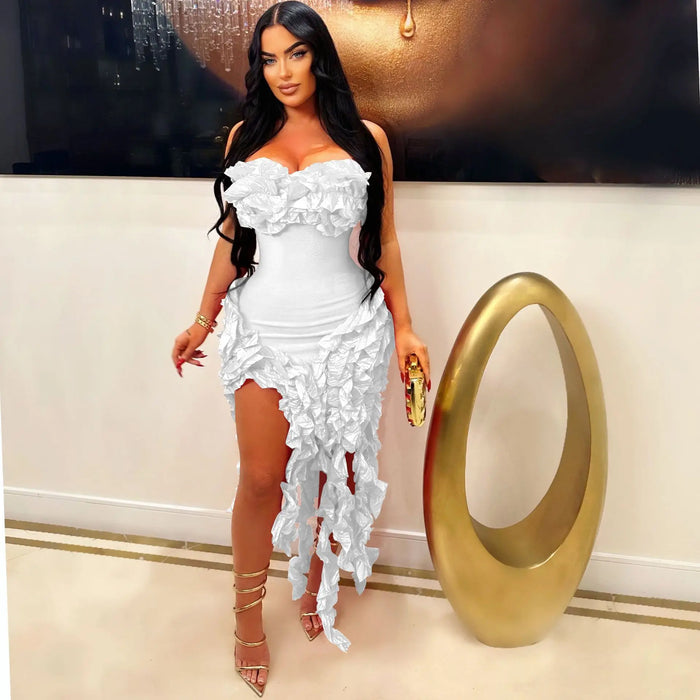 Women Strapless Ruffles Tassel Irregular Bodycon long Maxi Dress