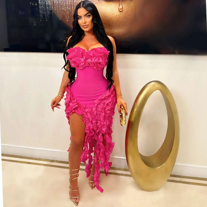 Women Strapless Ruffles Tassel Irregular Bodycon long Maxi Dress