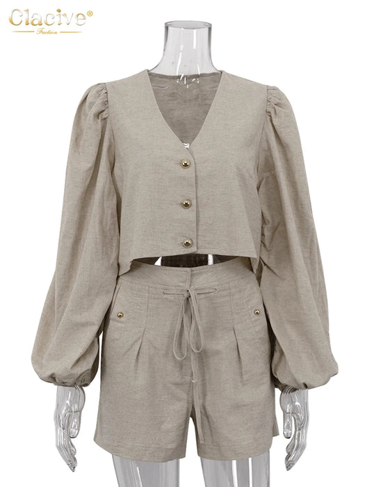 Casaul Loose Khaki Linen 2 Piece Sets Women Outfit Fashion Long Sleeve Shirt With High Waist Shorts Set Female