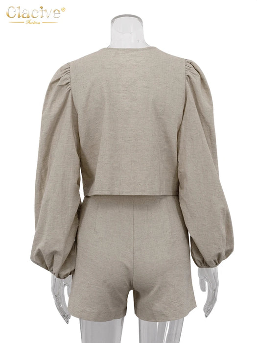 Casaul Loose Khaki Linen 2 Piece Sets Women Outfit Fashion Long Sleeve Shirt With High Waist Shorts Set Female
