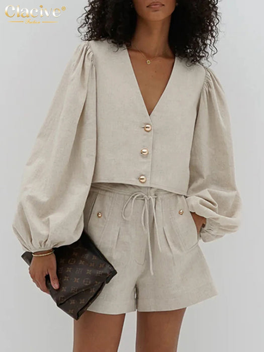 Casaul Loose Khaki Linen 2 Piece Sets Women Outfit Fashion Long Sleeve Shirt With High Waist Shorts Set Female