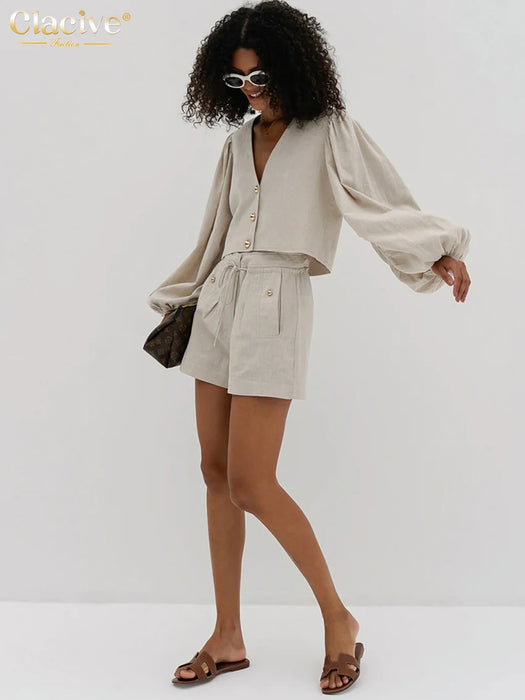 Casaul Loose Khaki Linen 2 Piece Sets Women Outfit Fashion Long Sleeve Shirt With High Waist Shorts Set Female