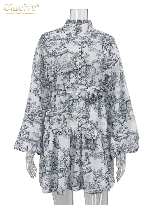 Casaul Loose Print Women'S Dress Fashion Stand Collar Puff Sleeve Mini Dresses Elegant Lace-Up Pleated Female Dress