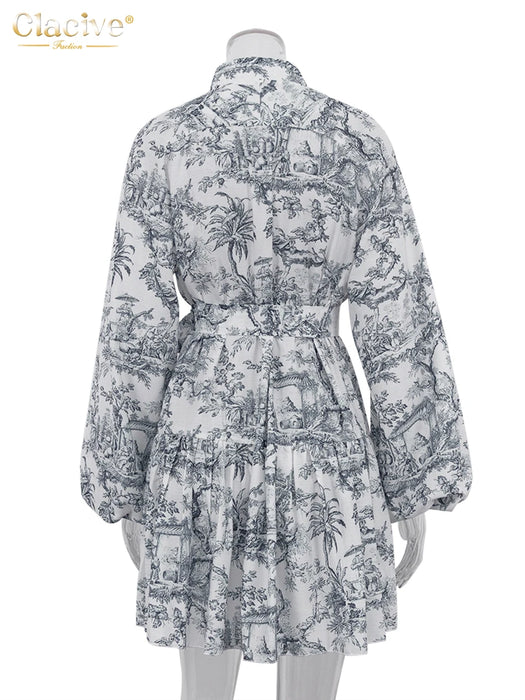 Casaul Loose Print Women'S Dress Fashion Stand Collar Puff Sleeve Mini Dresses Elegant Lace-Up Pleated Female Dress