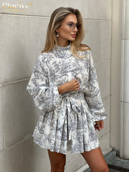 Casaul Loose Print Women'S Dress Fashion Stand Collar Puff Sleeve Mini Dresses Elegant Lace-Up Pleated Female Dress