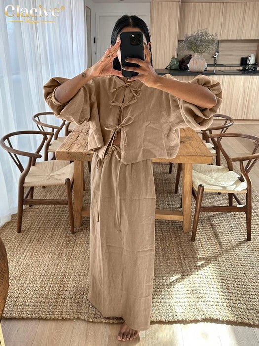 Casual Loose Khaki Cotton 2 Piece Sets Women Outfit Fashion Puff Sleeve Lace-Up Shirt With High Waist Long Skirts Set