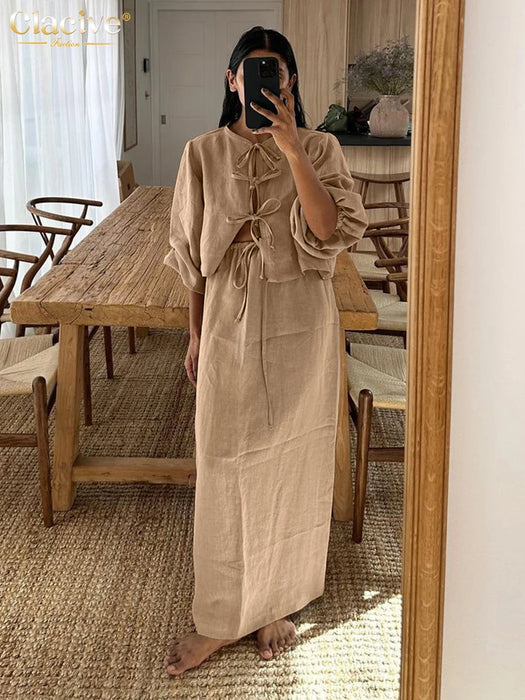 Casual Loose Khaki Cotton 2 Piece Sets Women Outfit Fashion Puff Sleeve Lace-Up Shirt With High Waist Long Skirts Set