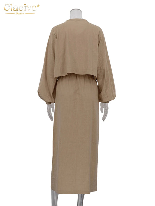 Casual Loose Khaki Cotton 2 Piece Sets Women Outfit Fashion Puff Sleeve Lace-Up Shirt With High Waist Long Skirts Set