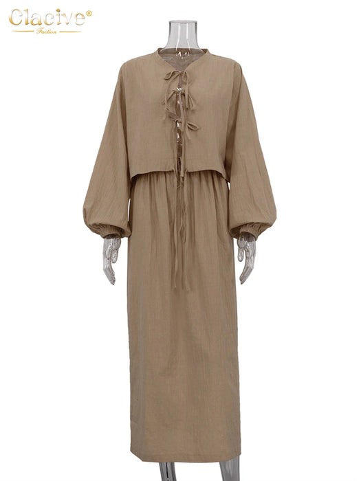 Casual Loose Khaki Cotton 2 Piece Sets Women Outfit Fashion Puff Sleeve Lace-Up Shirt With High Waist Long Skirts Set