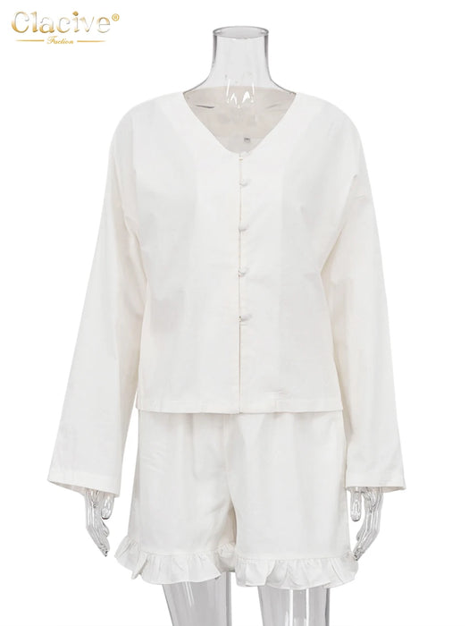 Fashion Beige Linen 2 Piece Sets Women Outfit Long Sleeve Shirts With High Waist Ruffle Shorts Set Female