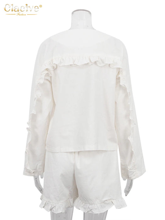 Fashion Beige Linen 2 Piece Sets Women Outfit Long Sleeve Shirts With High Waist Ruffle Shorts Set Female