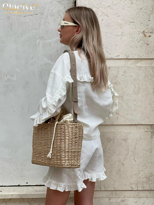 Fashion Beige Linen 2 Piece Sets Women Outfit Long Sleeve Shirts With High Waist Ruffle Shorts Set Female