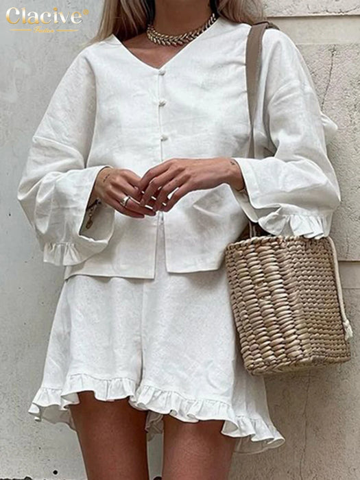 Fashion Beige Linen 2 Piece Sets Women Outfit Long Sleeve Shirts With High Waist Ruffle Shorts Set Female