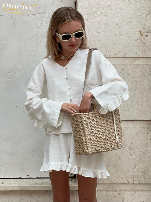 Fashion Beige Linen 2 Piece Sets Women Outfit Long Sleeve Shirts With High Waist Ruffle Shorts Set Female
