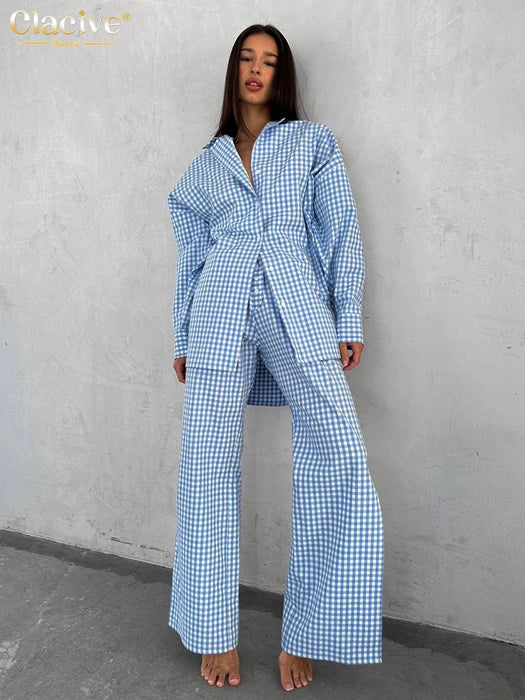 Loose Blue Stripe Cotton 2 Piece Sets Women Outfit Elegant Long Sleeve Shirt With High Waist Wide Pants Set