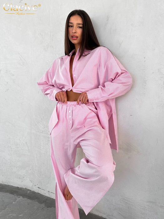 Loose Blue Stripe Cotton 2 Piece Sets Women Outfit Elegant Long Sleeve Shirt With High Waist Wide Pants Set