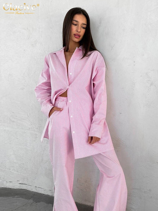 Loose Blue Stripe Cotton 2 Piece Sets Women Outfit Elegant Long Sleeve Shirt With High Waist Wide Pants Set