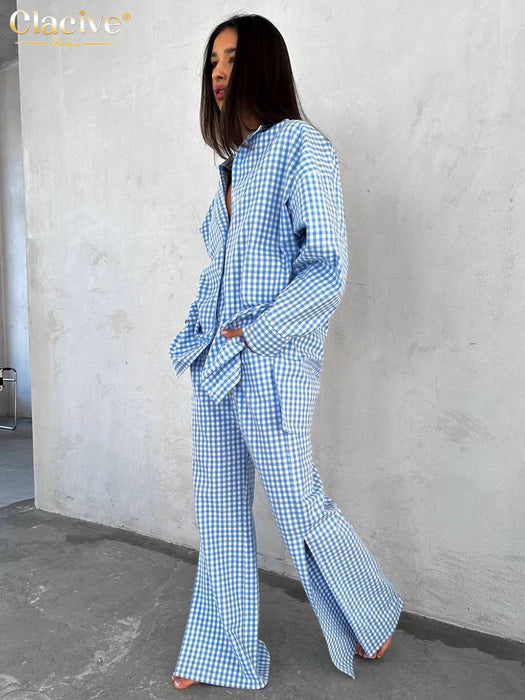 Loose Blue Stripe Cotton 2 Piece Sets Women Outfit Elegant Long Sleeve Shirt With High Waist Wide Pants Set