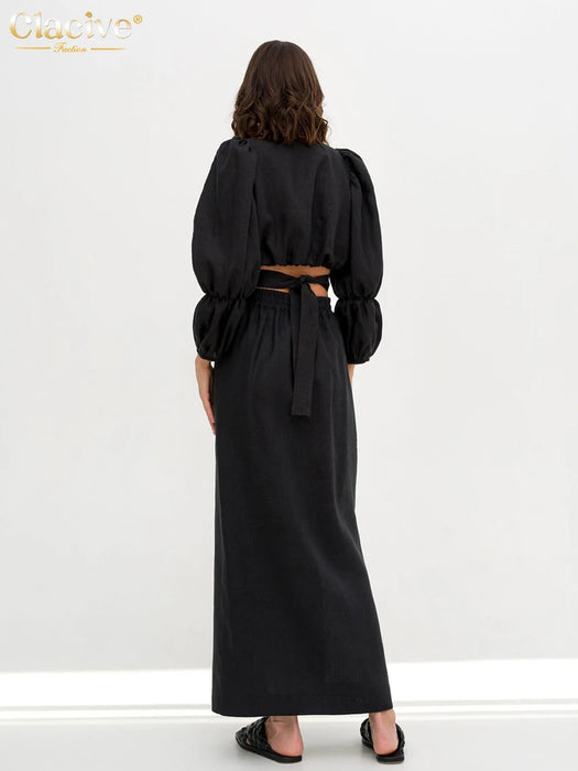 Fashion Loose Brown Linen 2 Piece Set Women Outfit Summer Long Sleeve Crop Shirt With High Waist Long Skirts Set Female