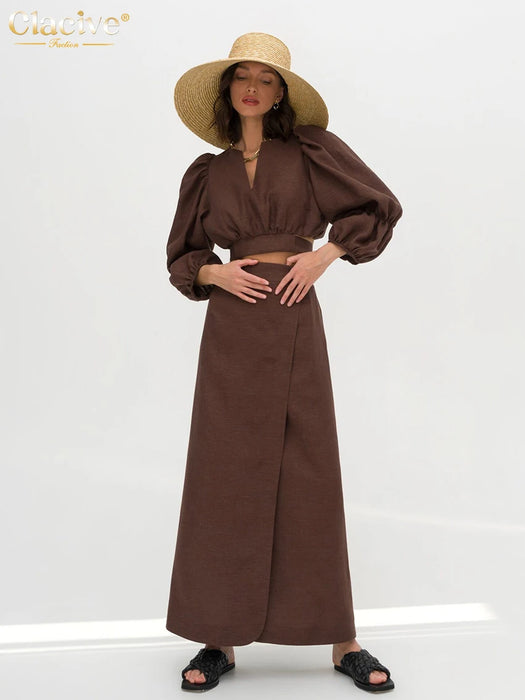 Fashion Loose Brown Linen 2 Piece Set Women Outfit Summer Long Sleeve Crop Shirt With High Waist Long Skirts Set Female