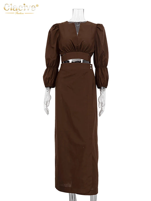 Fashion Loose Brown Linen 2 Piece Set Women Outfit Summer Long Sleeve Crop Shirt With High Waist Long Skirts Set Female