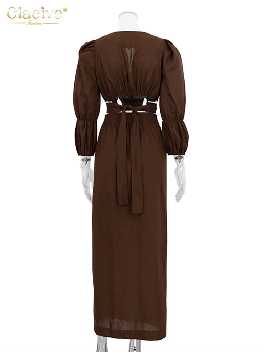 Fashion Loose Brown Linen 2 Piece Set Women Outfit Summer Long Sleeve Crop Shirt With High Waist Long Skirts Set Female