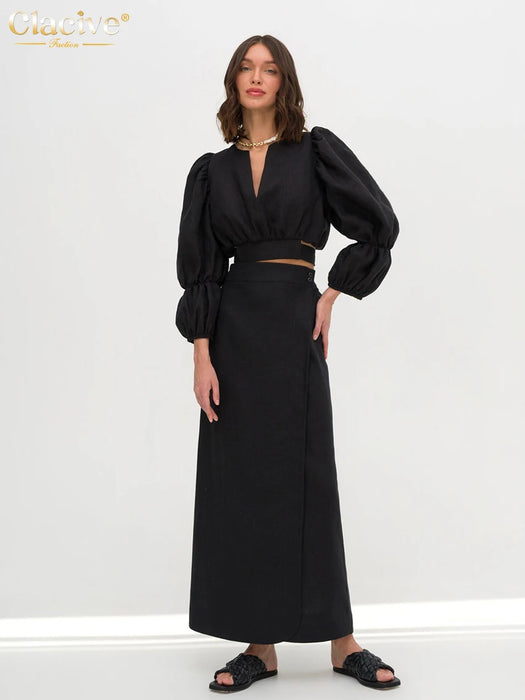 Fashion Loose Brown Linen 2 Piece Set Women Outfit Summer Long Sleeve Crop Shirt With High Waist Long Skirts Set Female