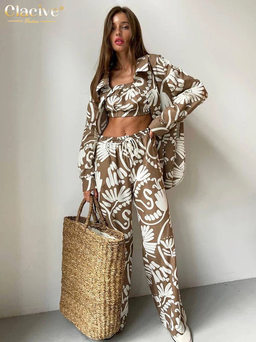 Fashion Loose Print 3 Piece Set Women Outfit Elegant Long Sleeve Blouse Sleeveless Tube Top With High Waist Pants Set