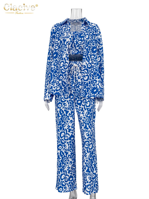 Fashion Loose Print 3 Piece Set Women Outfit Elegant Long Sleeve Blouse Sleeveless Tube Top With High Waist Pants Set