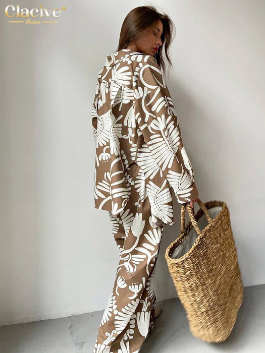 Fashion Loose Print 3 Piece Set Women Outfit Elegant Long Sleeve Blouse Sleeveless Tube Top With High Waist Pants Set