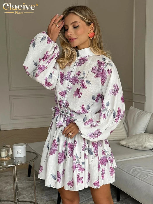 Print Women Dress Vintage Stand Collar Puff Sleeve Mini Dresses Elegant Lace-Up Pleated Female Dress